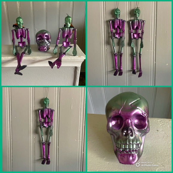 Set of 3- 2-18” Metallic Finish Purple/Green Hanging Skeltons & Skull Decoration - Picture 1 of 17